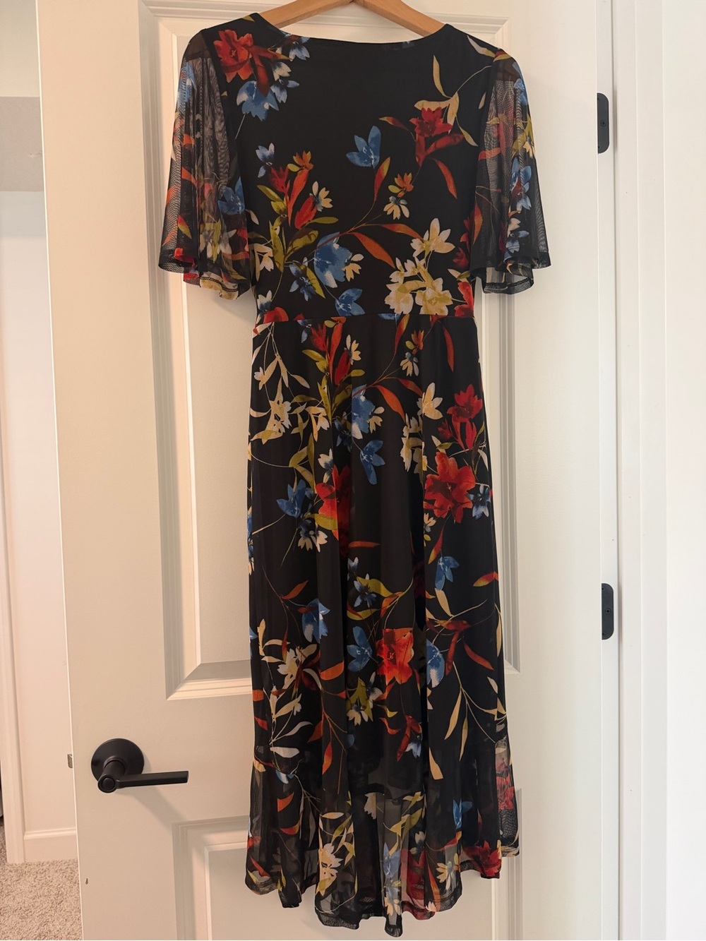 Black Floral Midi Dress with Flutter Sleeves 6 PETITE
